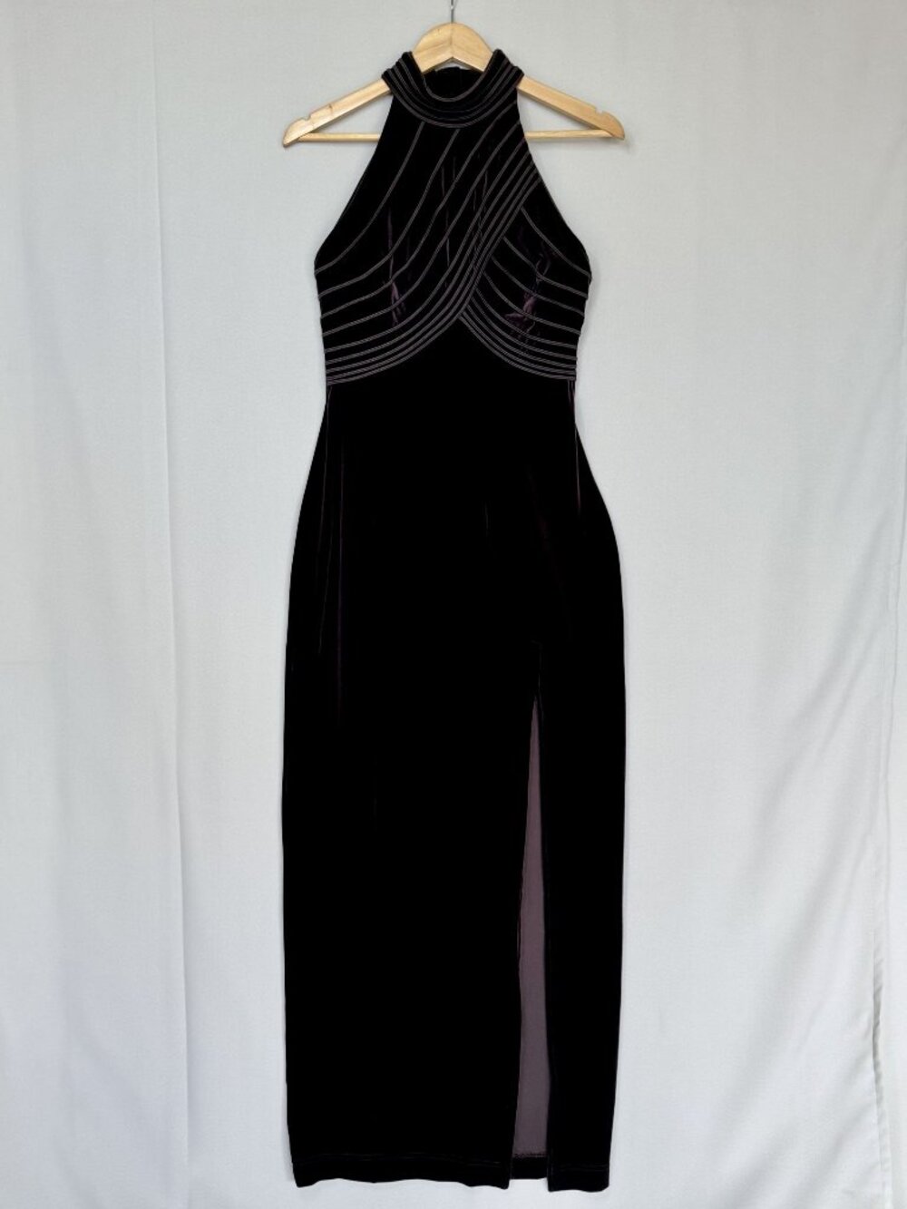 90s Vintage Tadashi Shoji CACHE Burgundy Stretch Velvet Halter Maxi Dress Large
